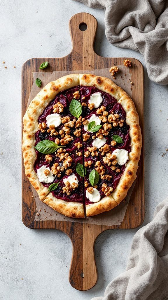 Beet and goat cheese pizza topped with walnuts and fresh basil