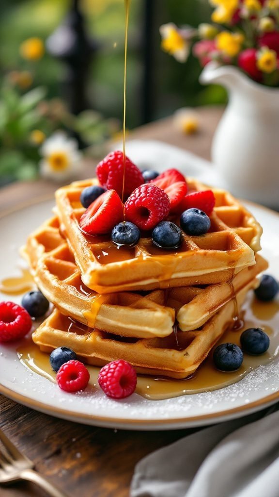 Stack of Belgian waffles topped with fresh berries and maple syrup.