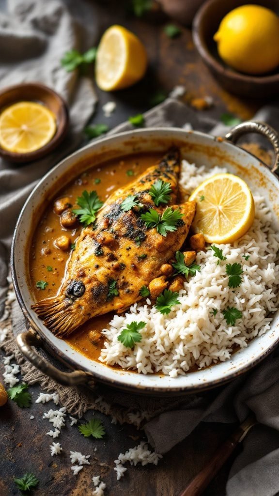 Bengali Fish Curry with rice and garnished with herbs