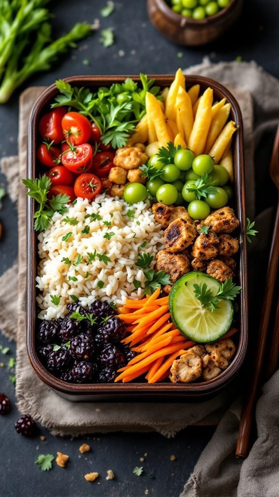 Bento box filled with rice, grilled protein, fresh vegetables, and fruits
