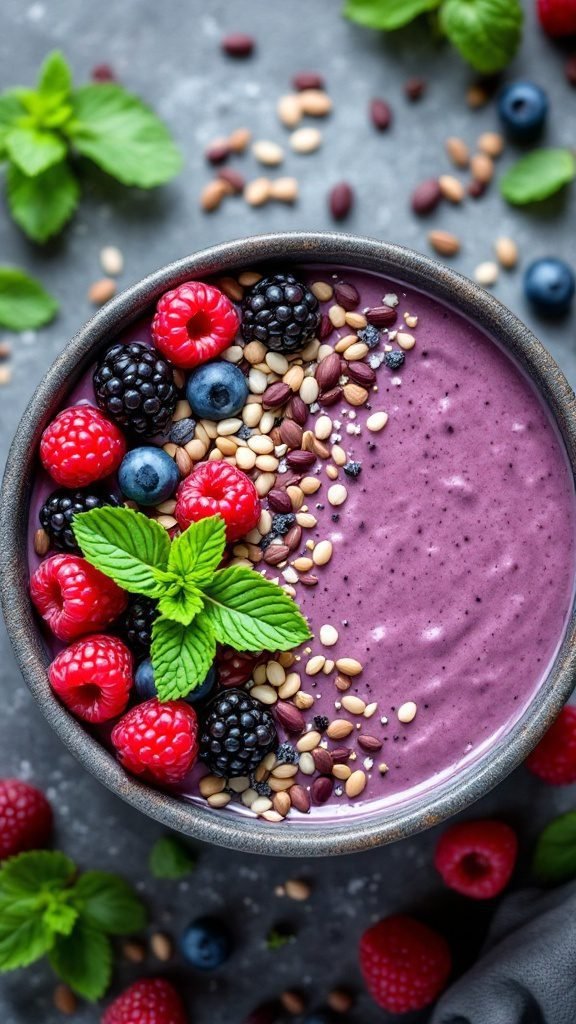 A colorful and nutritious berry and mint smoothie bowl topped with granola and fresh mint leaves.