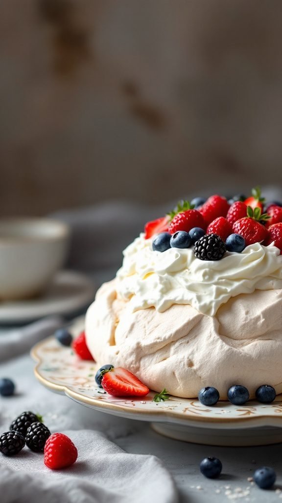 A beautiful berry pavlova topped with whipped cream and assorted fresh berries.