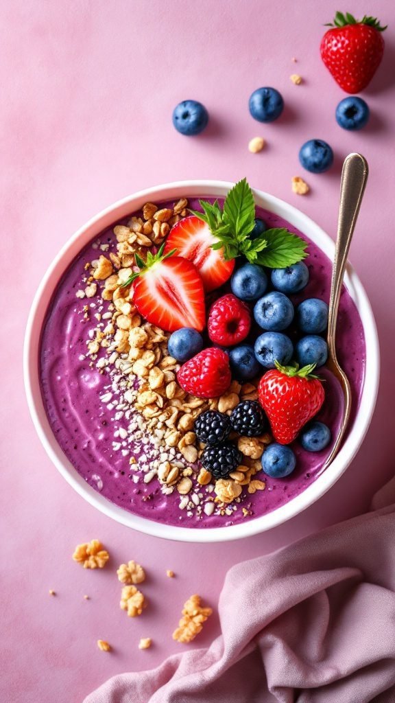 A vibrant berry smoothie bowl topped with granola and fresh berries.