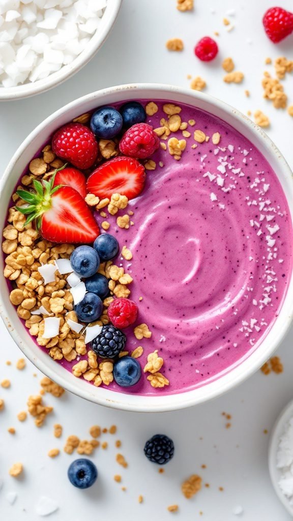 Berry smoothie bowl with fruits and granola.