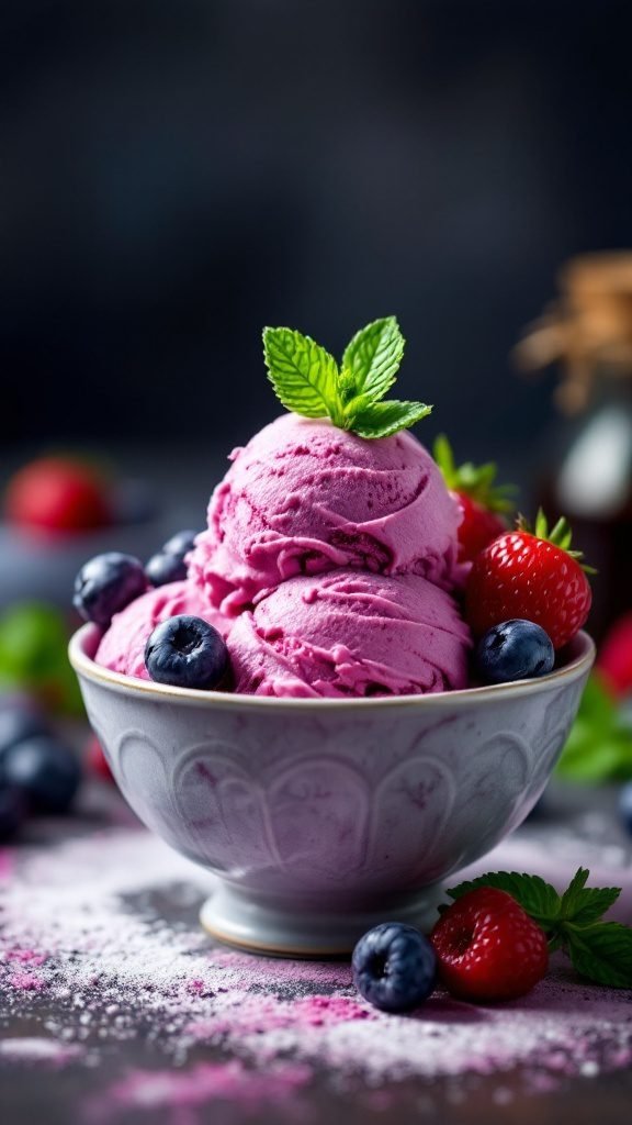 Berry Swirl Gelato served in a bowl with fresh berries and mint leaves.