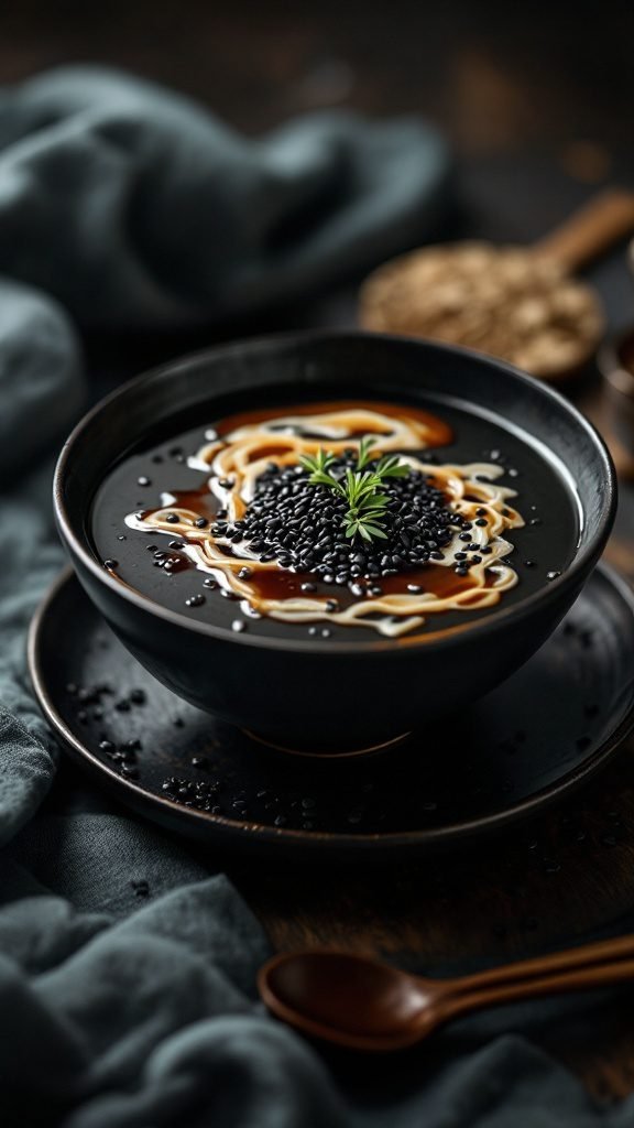 A bowl of black sesame soup dessert garnished with sesame seeds and a drizzle of syrup.