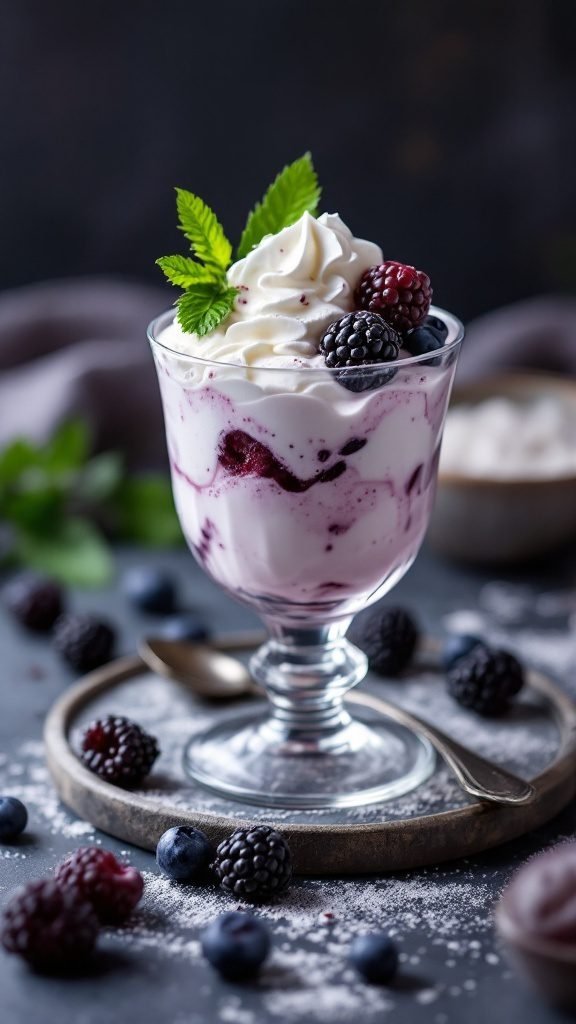A refreshing glass of Blackberry Fool topped with whipped cream and fresh berries.