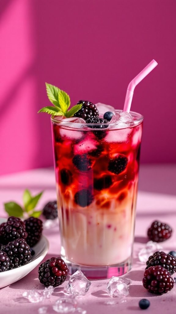 A refreshing blackberry iced coffee in a glass with ice and mint leaves.
