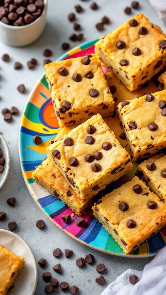 A plate of homemade blondies topped with chocolate chips.