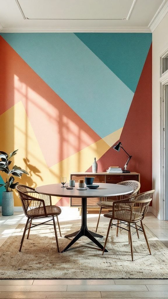 A modern dining room featuring bold accent walls with geometric patterns in turquoise, orange, and yellow, complemented by a mid-century modern dining table and stylish chairs.