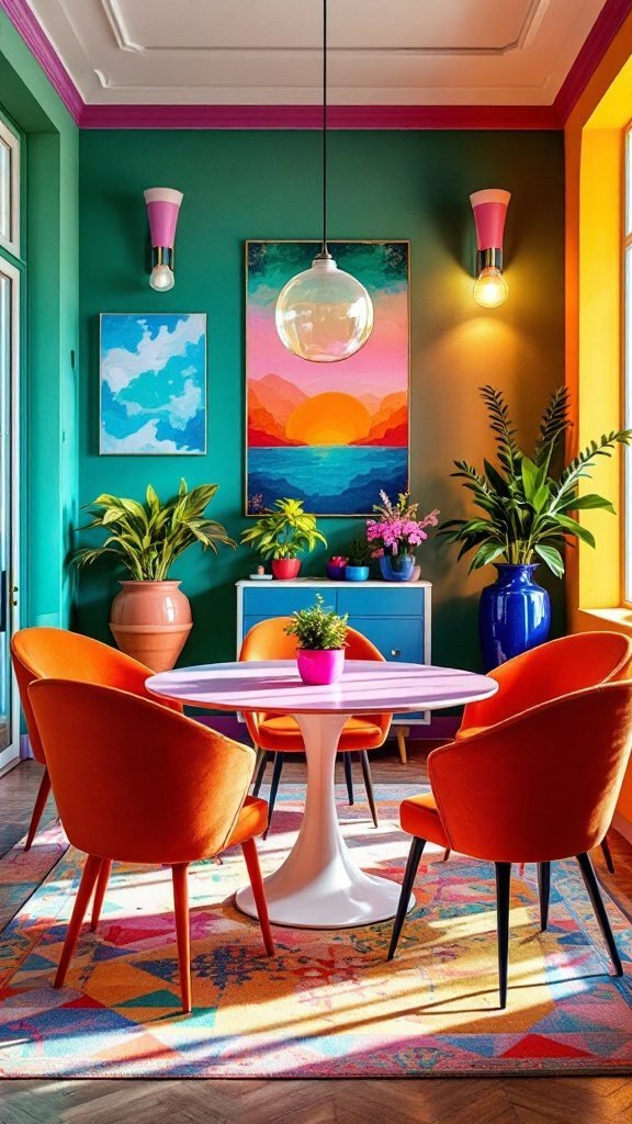 A modern dining room with green walls, vibrant orange chairs, a circular glass table, and colorful artwork