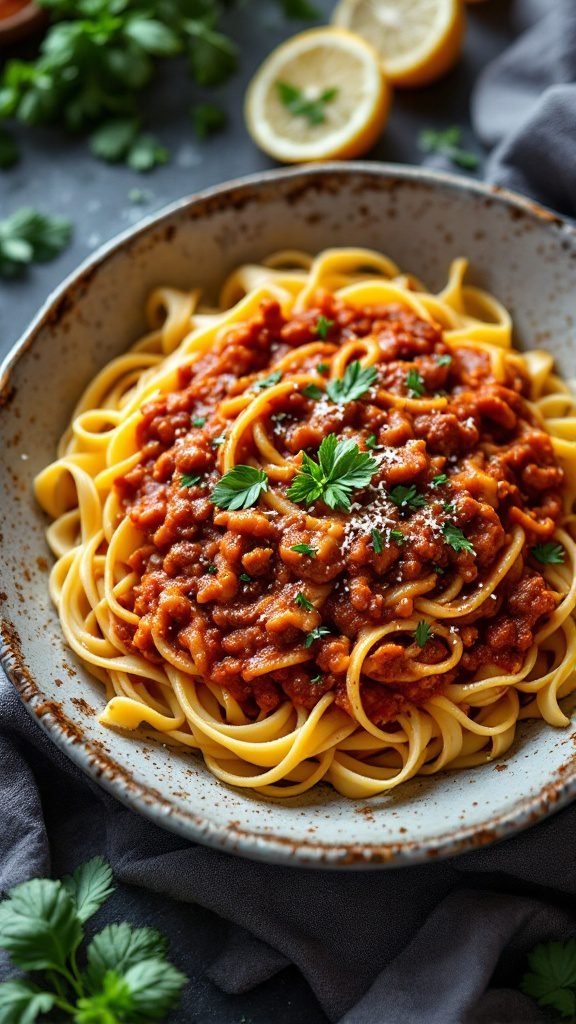 A plate of tagliatelle topped with bolognese sauce, garnished with herbs.