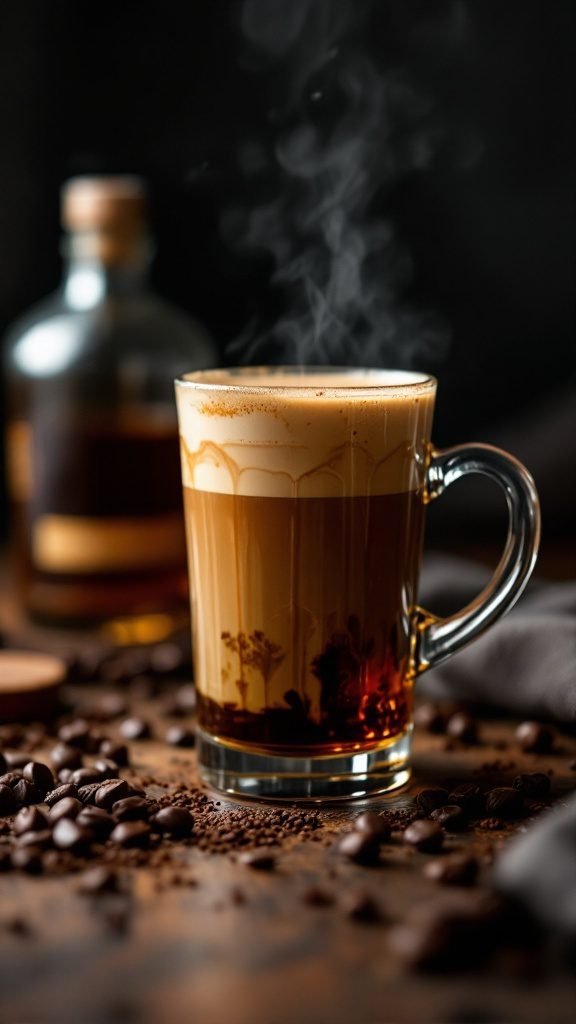 A warm mug of bourbon barrel aged coffee with steam rising