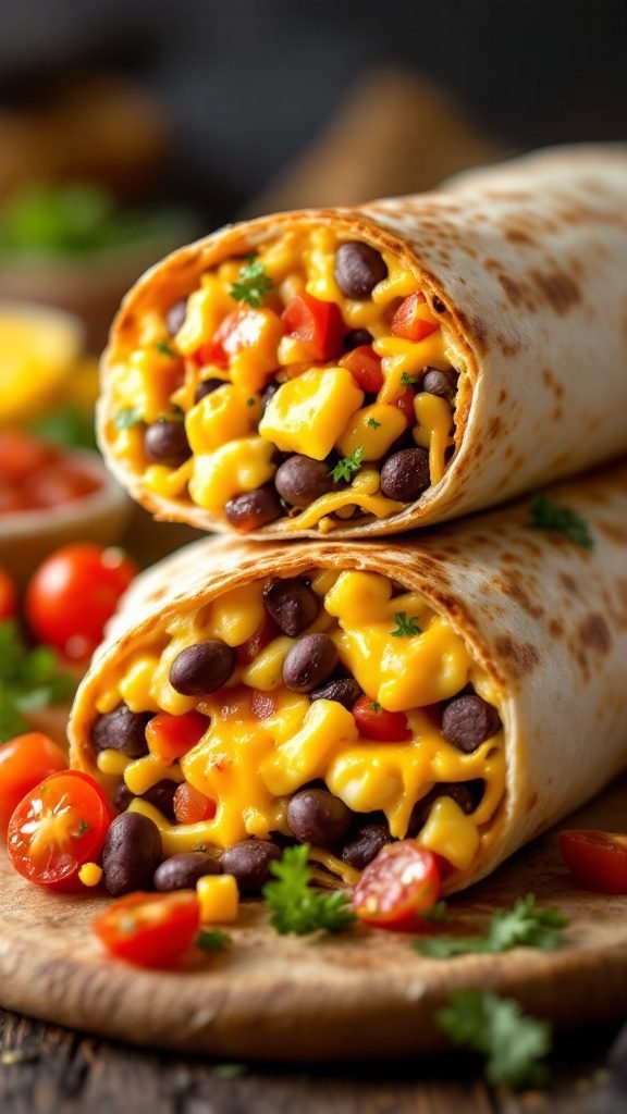 A delicious breakfast burrito filled with black beans, cheese, and fresh veggies, served with salsa.