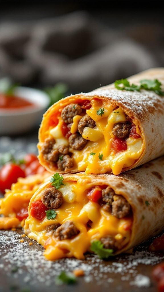 Delicious breakfast burrito filled with eggs, cheese, and sausage, served with salsa.