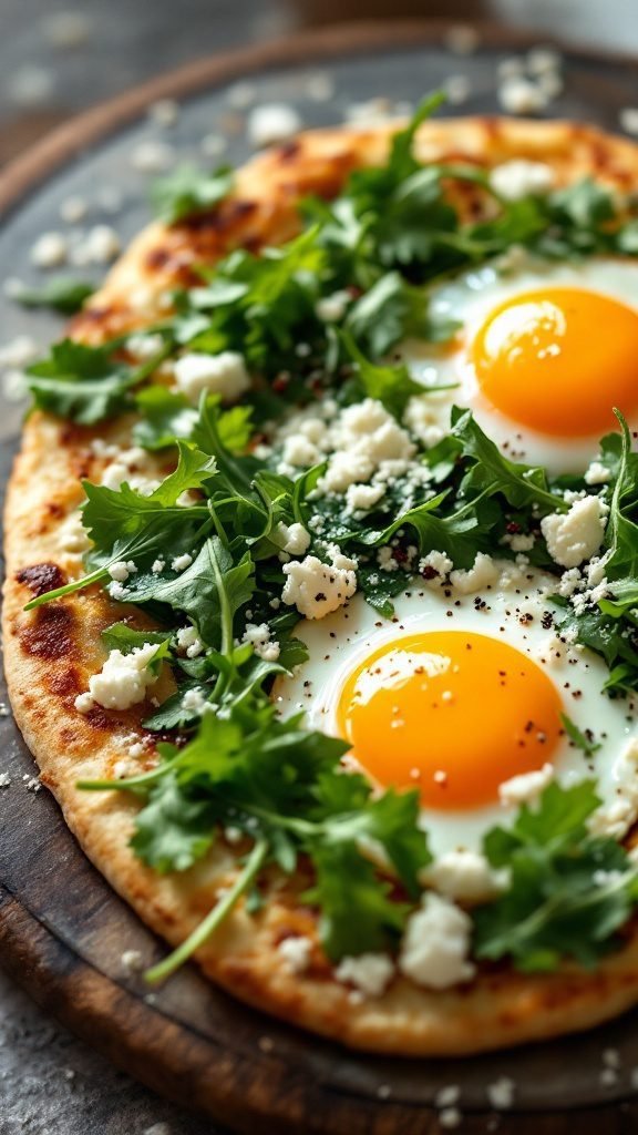 Breakfast flatbread topped with eggs and greens