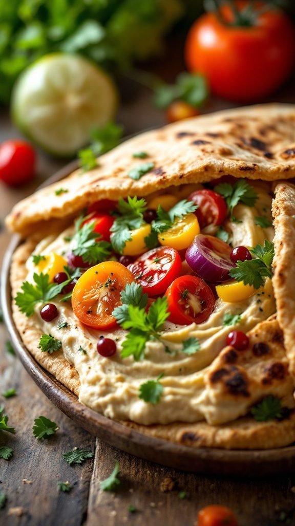 A delicious breakfast pita filled with hummus and fresh vegetables.