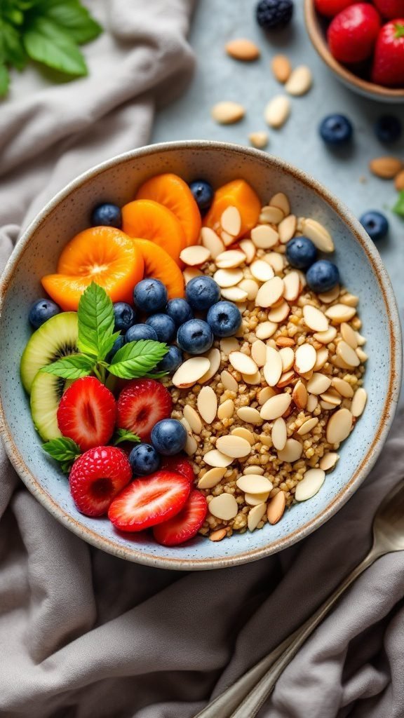 A colorful breakfast bowl with quinoa, almonds, and assorted fresh fruits.