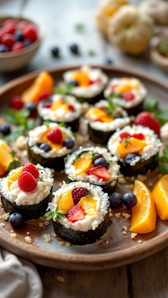 A plate of breakfast sushi rolls with fruit