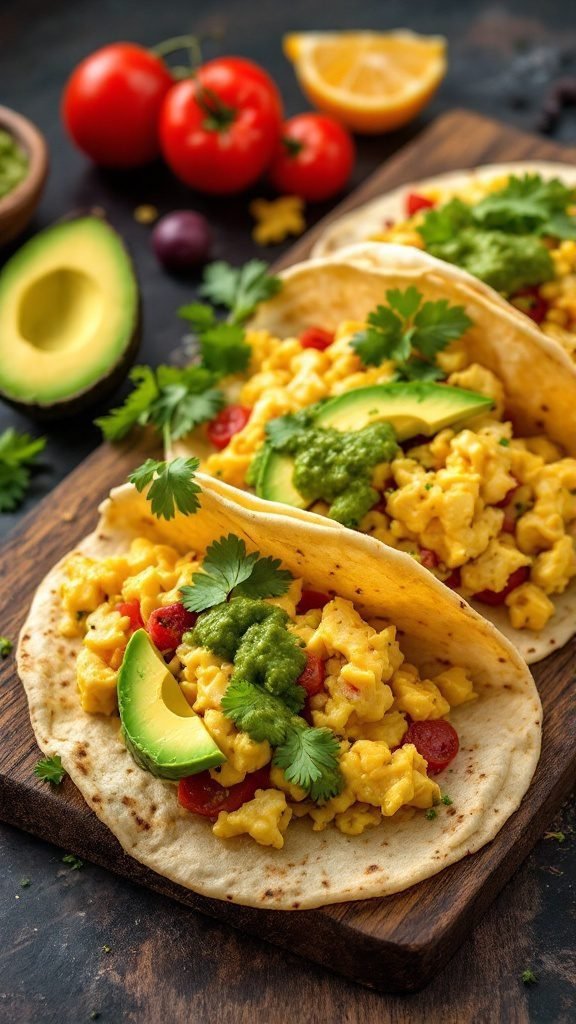 Breakfast tacos made with scrambled eggs, tomatoes, avocado, and salsa verde, served on a wooden board.