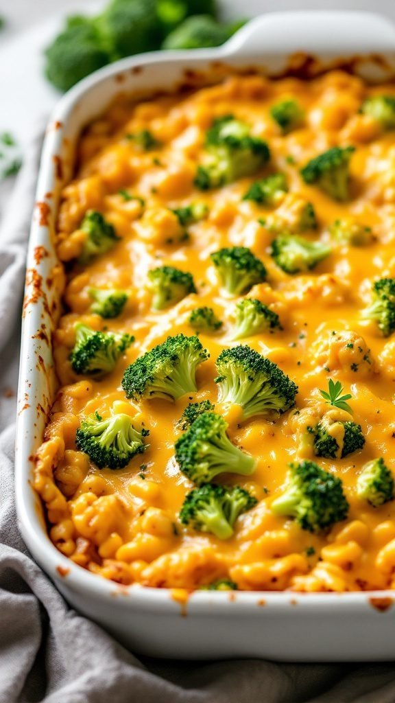 Broccoli Cheddar Casserole with pasta and cheese
