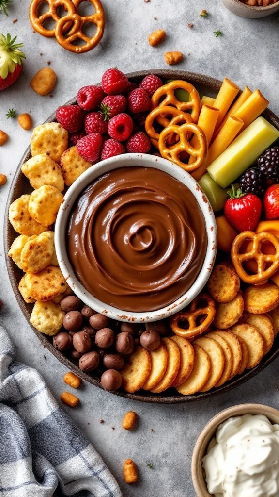A bowl of brownie batter dip surrounded by snacks like pretzels and fruits.