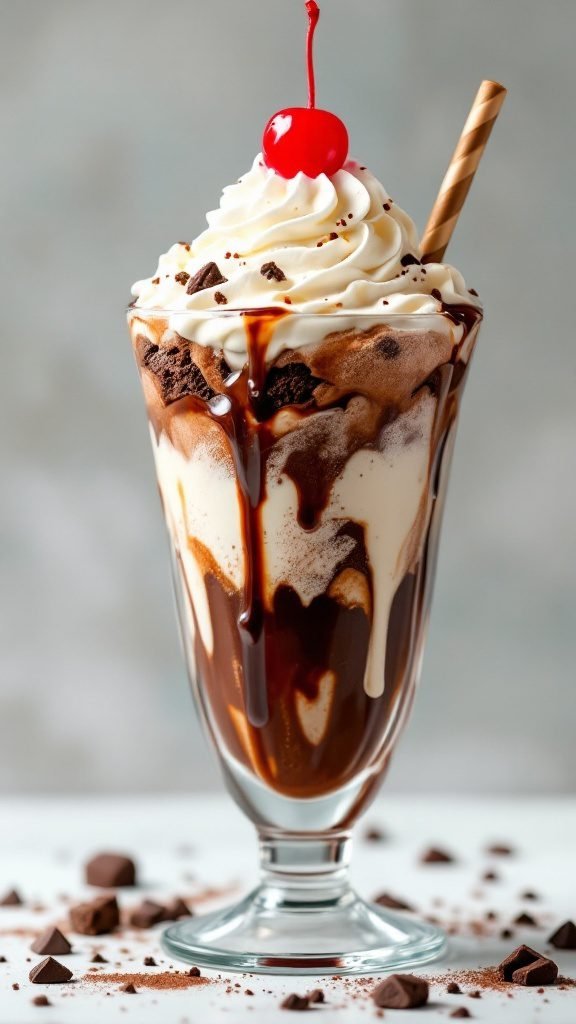 A delicious brownie ice cream sundae topped with whipped cream and a cherry.