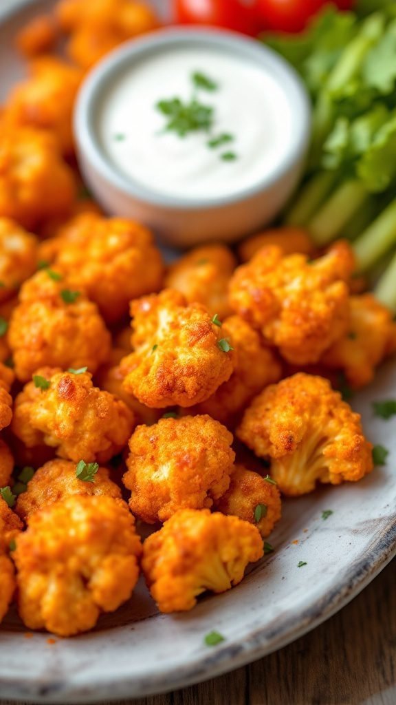 Buffalo cauliflower bites served with ranch dip and fresh veggies