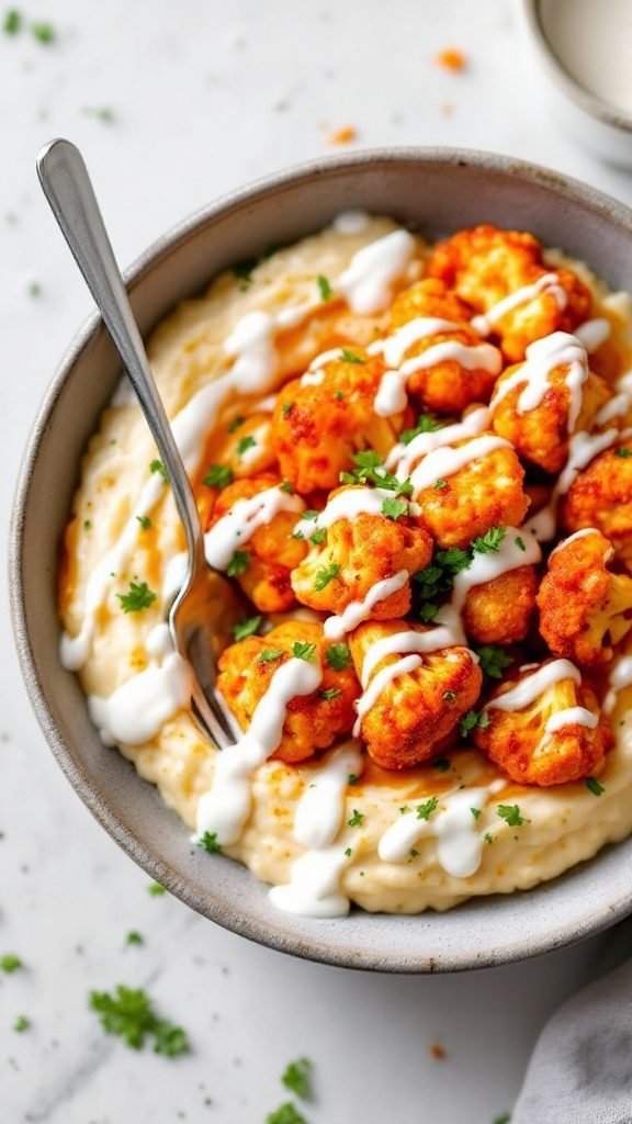 A bowl of buffalo cauliflower grits topped with crispy cauliflower and drizzled with ranch dressing.
