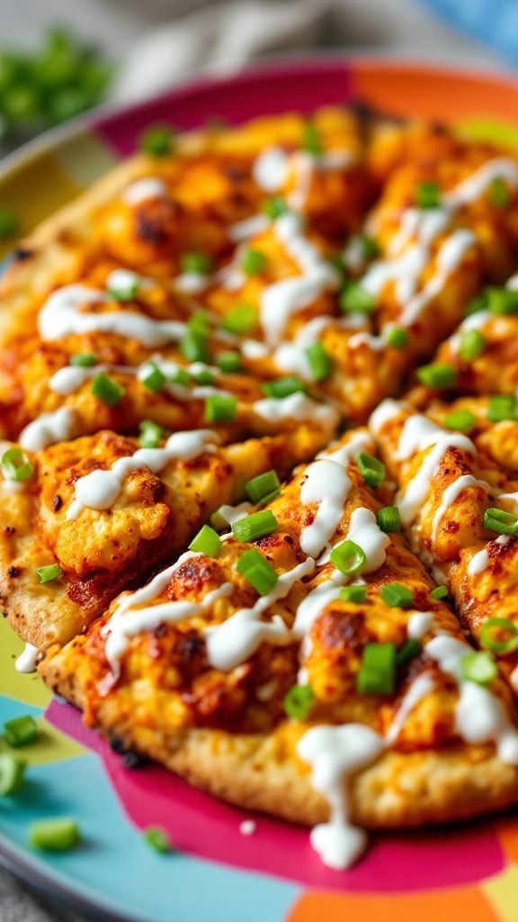 A delicious buffalo cauliflower pizza topped with green onions and creamy dressing.