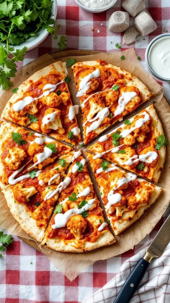 A delicious buffalo cauliflower pizza drizzled with ranch dressing and topped with fresh cilantro.