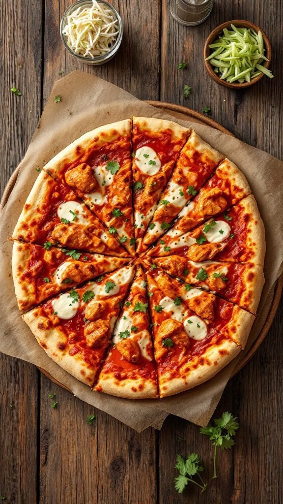 Buffalo Chicken Pizza with Celery Slaw on a wooden table