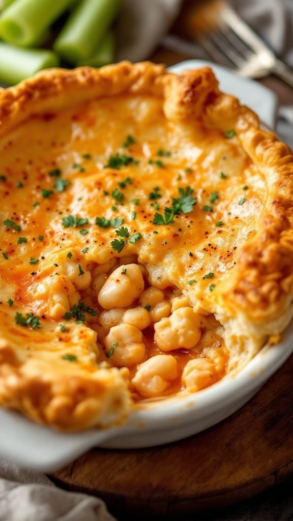 A delicious buffalo chicken pot pie with a golden crust