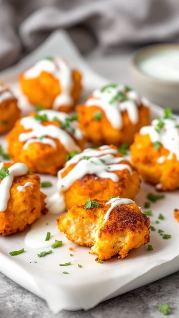 Delicious buffalo chicken puffs drizzled with white sauce and garnished with green onions.