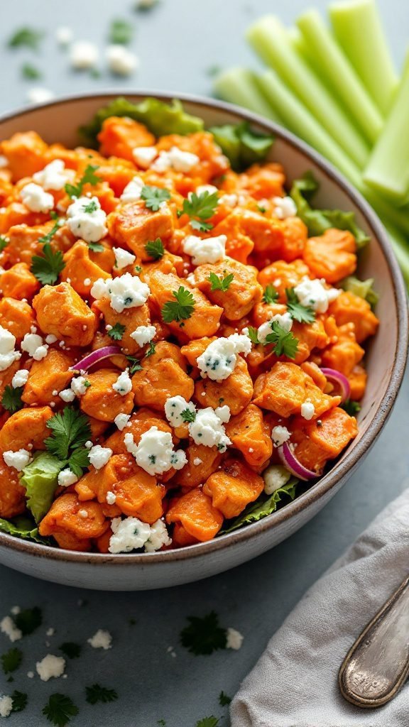 A colorful bowl of buffalo chicken salad topped with blue cheese and garnished with fresh parsley.