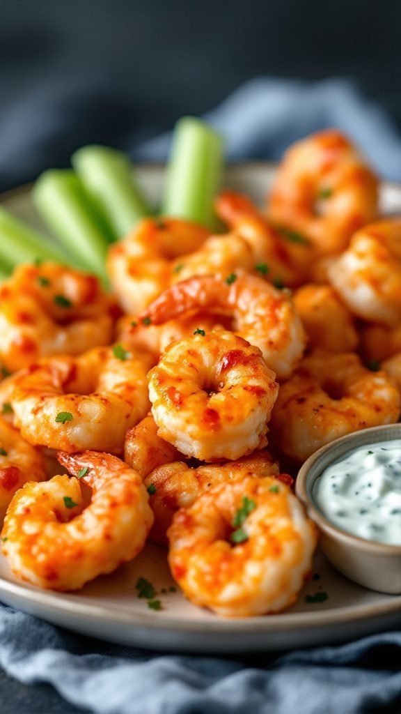 Buffalo shrimp bites served with celery sticks and dipping sauce