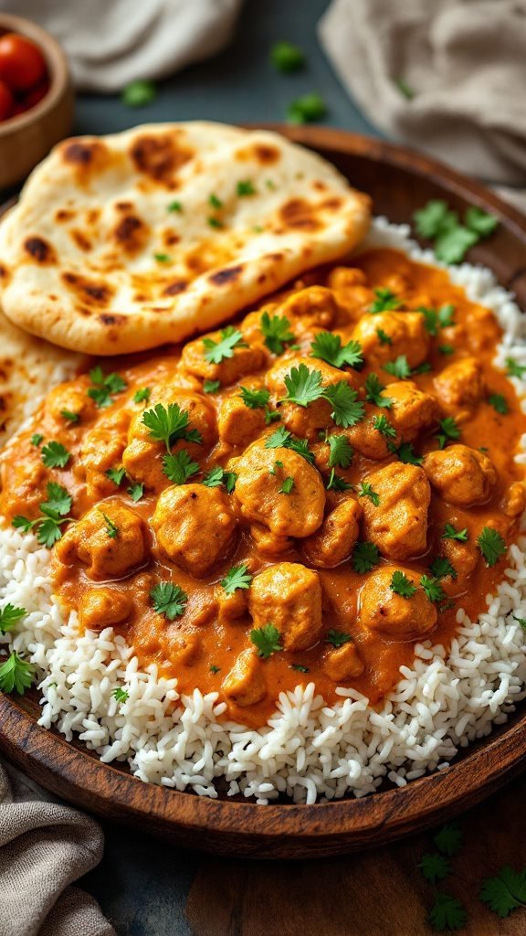 Delicious butter chicken served with rice and naan, garnished with cilantro.