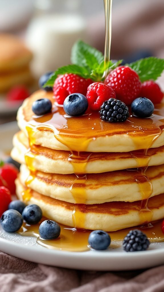 Fluffy buttermilk pancakes topped with fresh berries and syrup.
