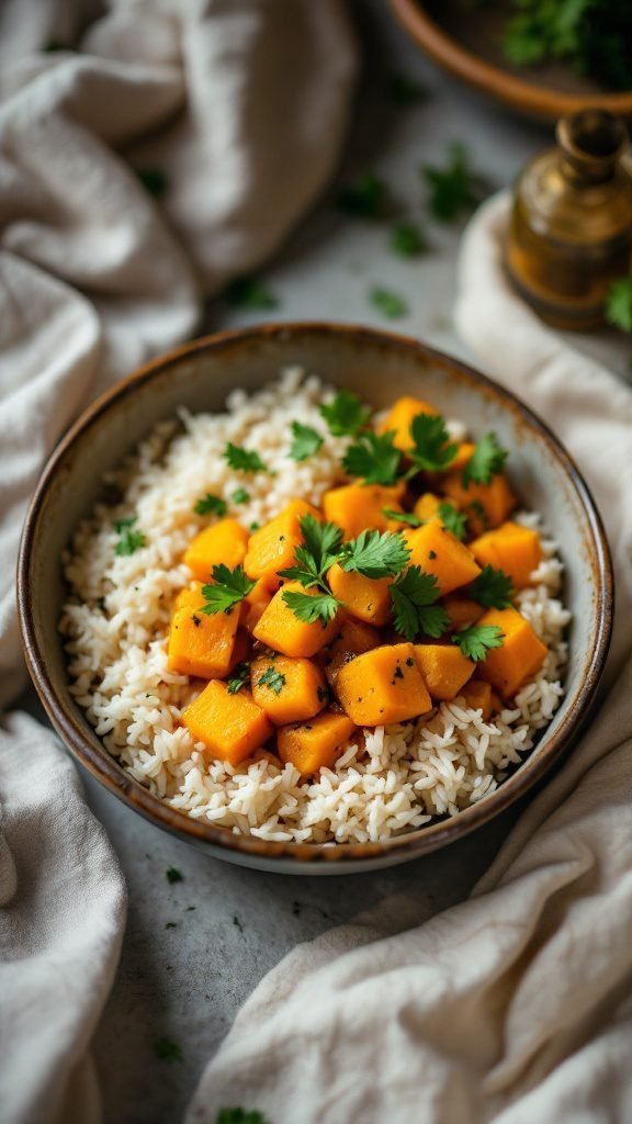 A bowl of butternut squash curry served over rice, garnished with fresh cilantro.