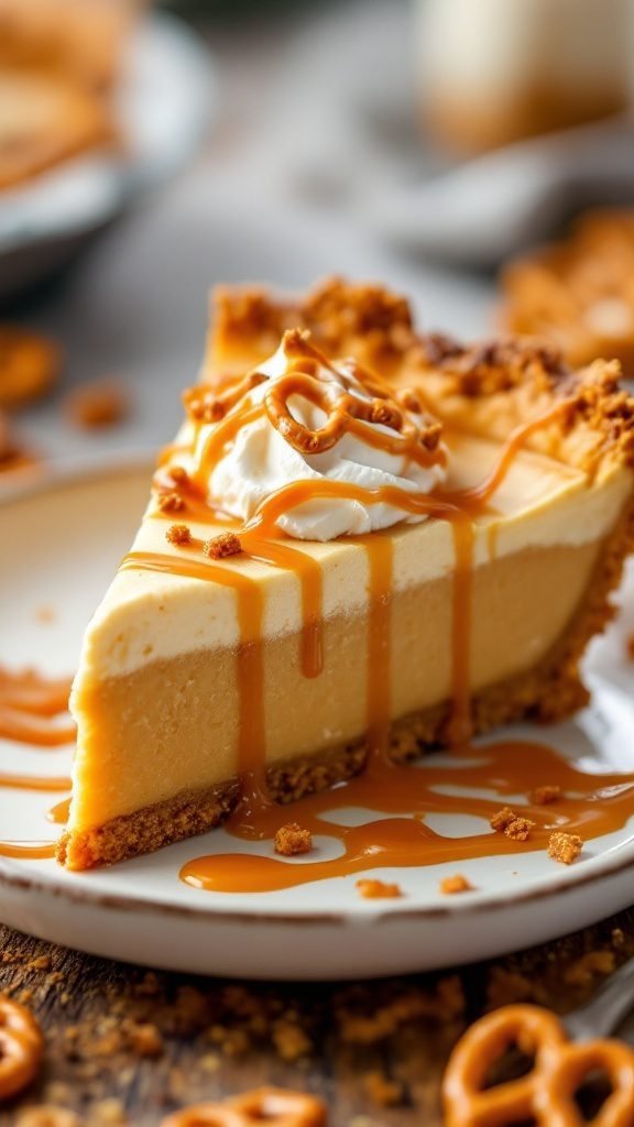 Slice of butterscotch pretzel pie with whipped cream and caramel drizzle