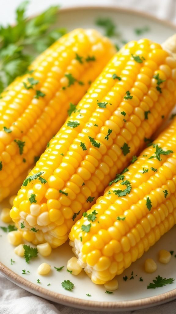 A plate of buttery corn on the cob topped with fresh parsley.