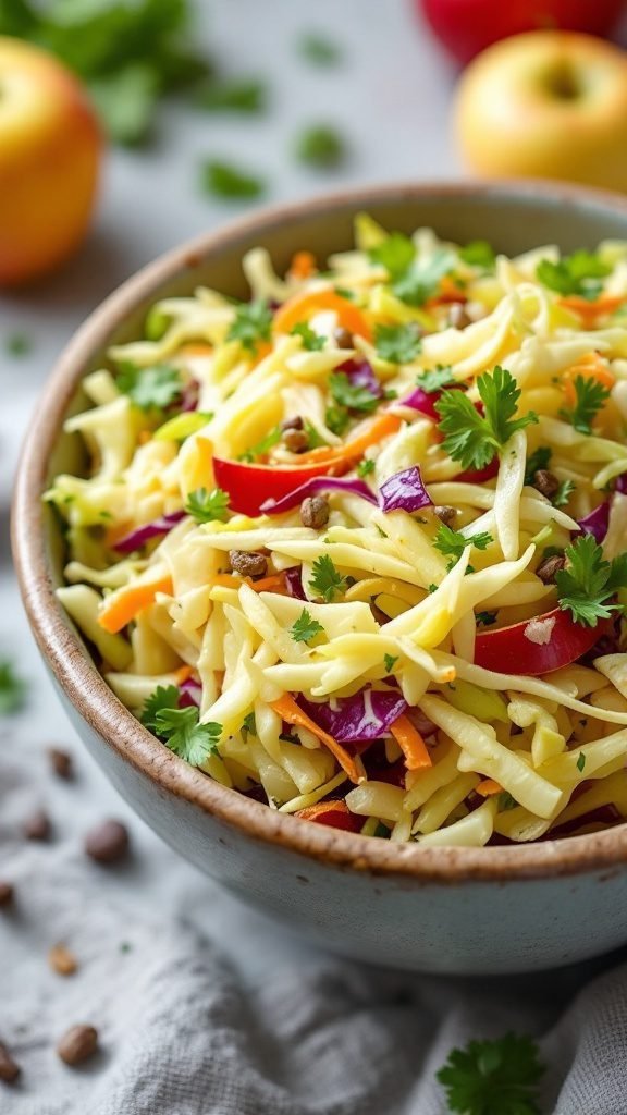 A bowl of colorful cabbage and apple slaw with fresh vegetables and herbs.