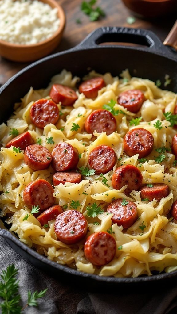 A skillet filled with sliced sausage and cooked cabbage, garnished with parsley.