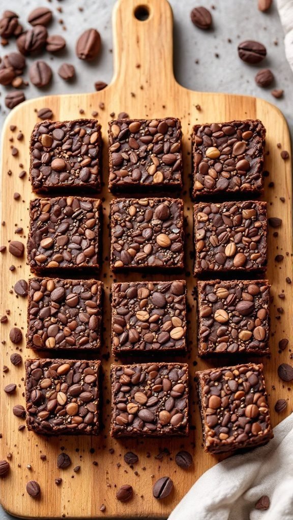 Delicious cacao nib energy bars cut into squares on a wooden board