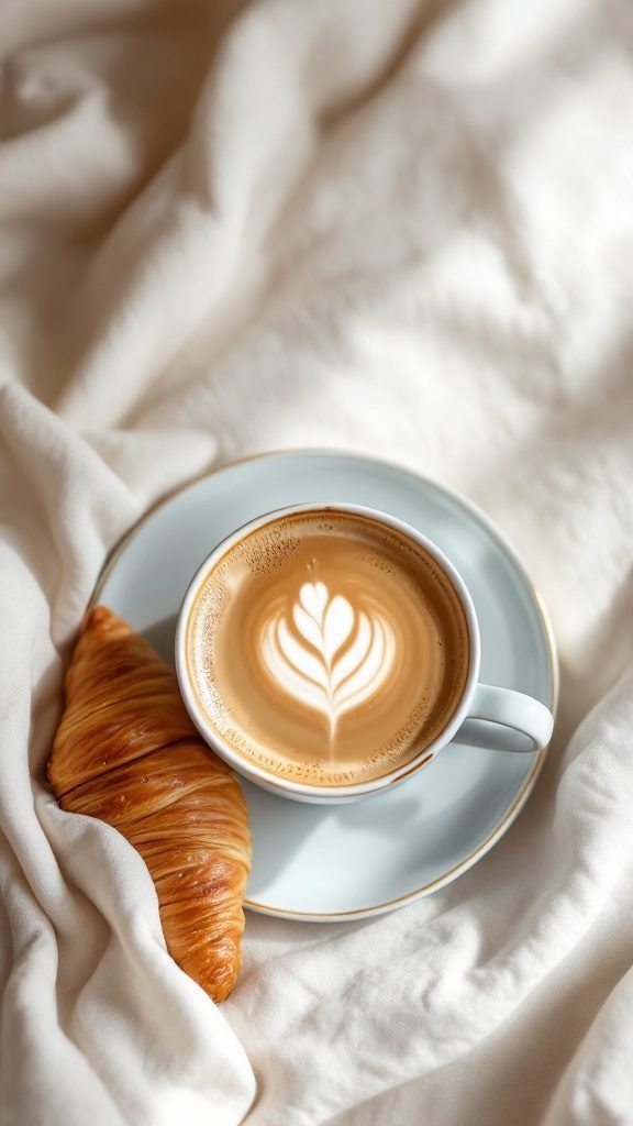 A cozy cup of Café au Lait served with a croissant.