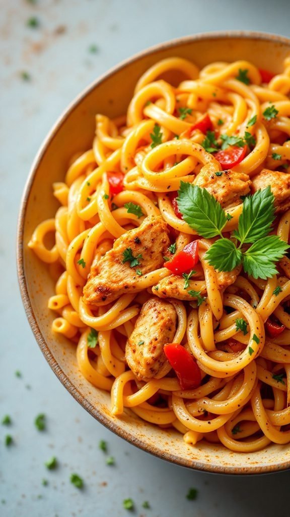 A bowl of Cajun chicken pasta garnished with parsley.