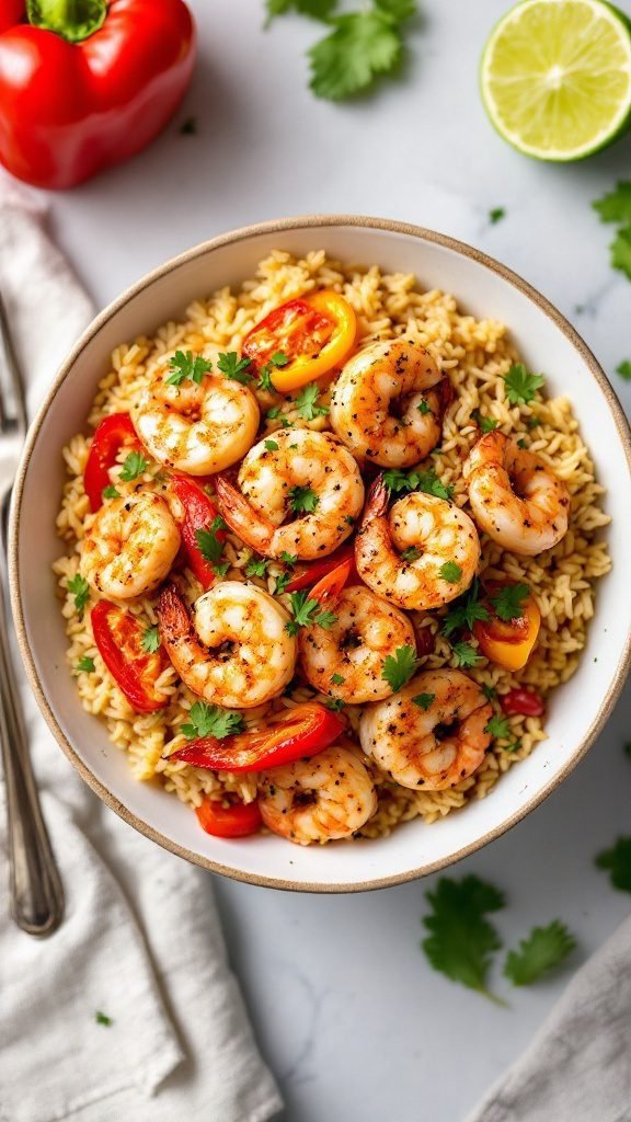 A vibrant Cajun shrimp rice bowl with colorful stir-fry vegetables