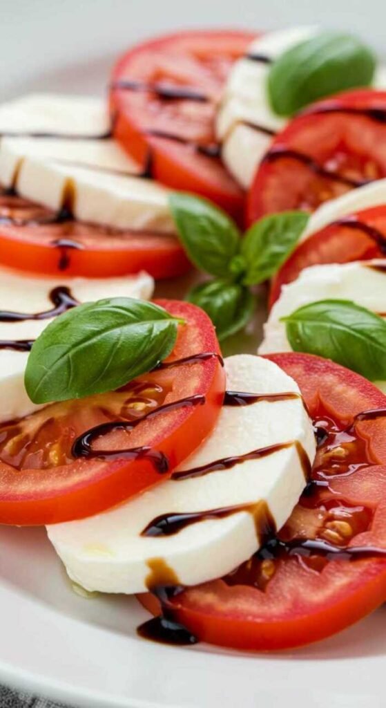 A fresh Caprese salad with tomatoes, mozzarella, basil, and balsamic drizzle
