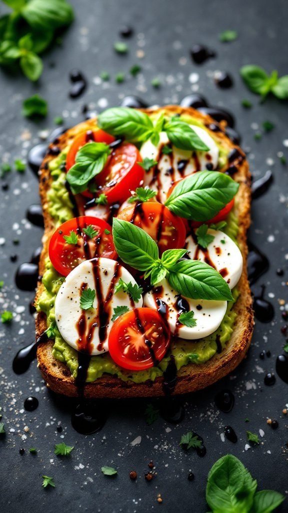Delicious Caprese avocado toast with mozzarella, tomatoes, and basil.