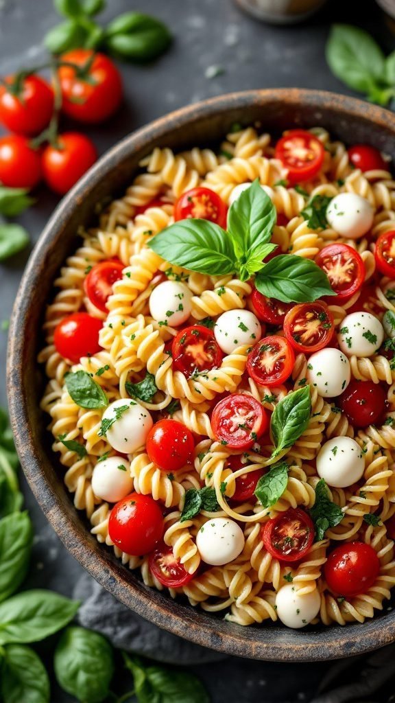 A vibrant bowl of Caprese Pasta Salad with fresh tomatoes, mozzarella, and basil.